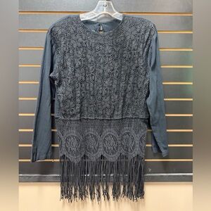 Vintage Choon CA Black Crochet Fringe Top Size 6